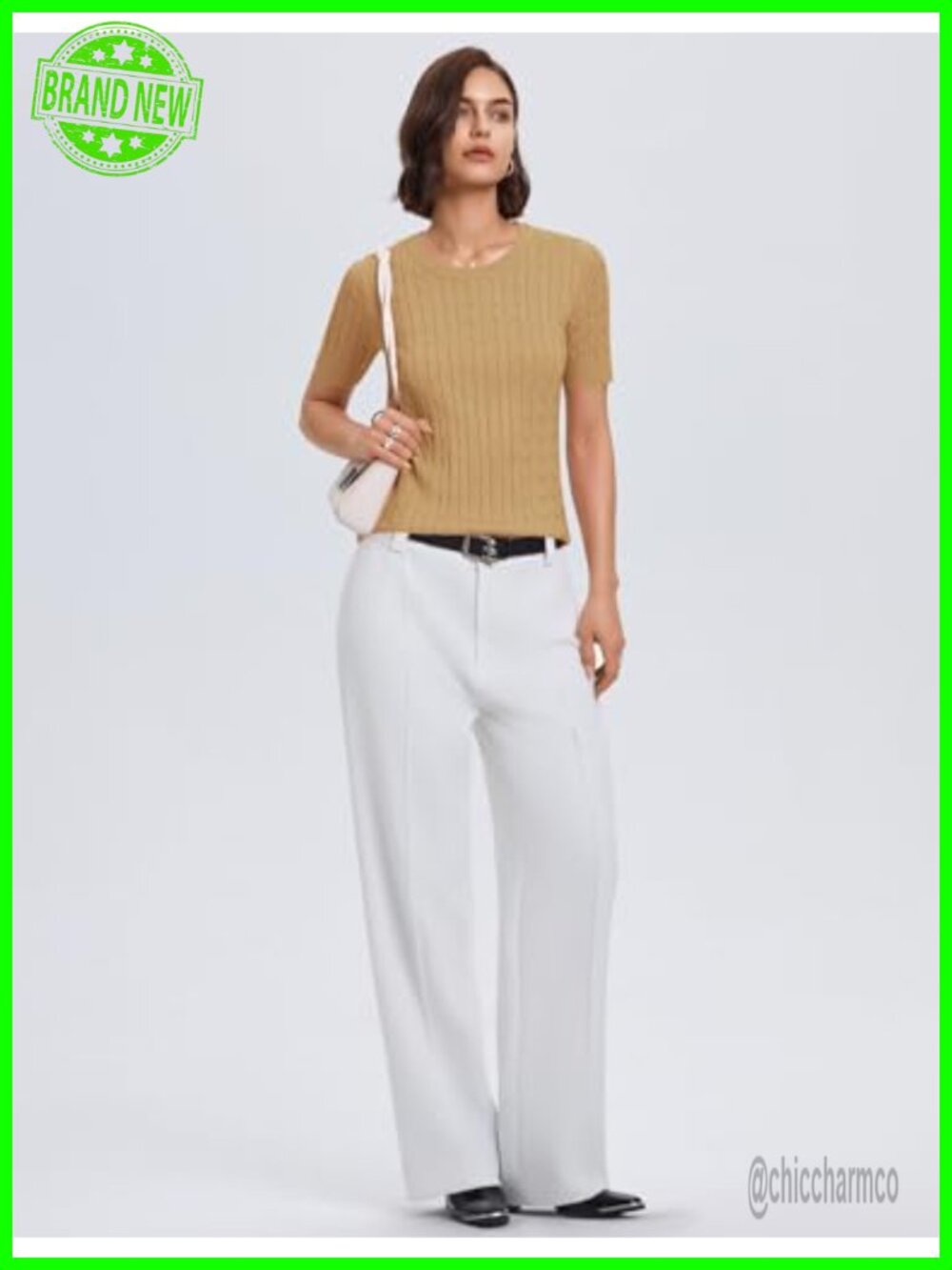Short Sleeve Cable Knit Crewneck Sweater - Soft Lightweight Knit Top - Picture 5 of 7
